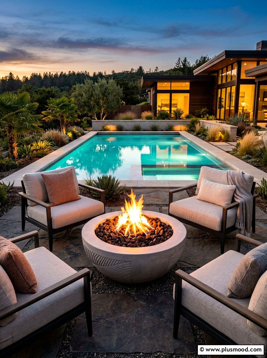 Backyard Pool Fire Pit Area - 25 pool landscaping ideas with night lighting