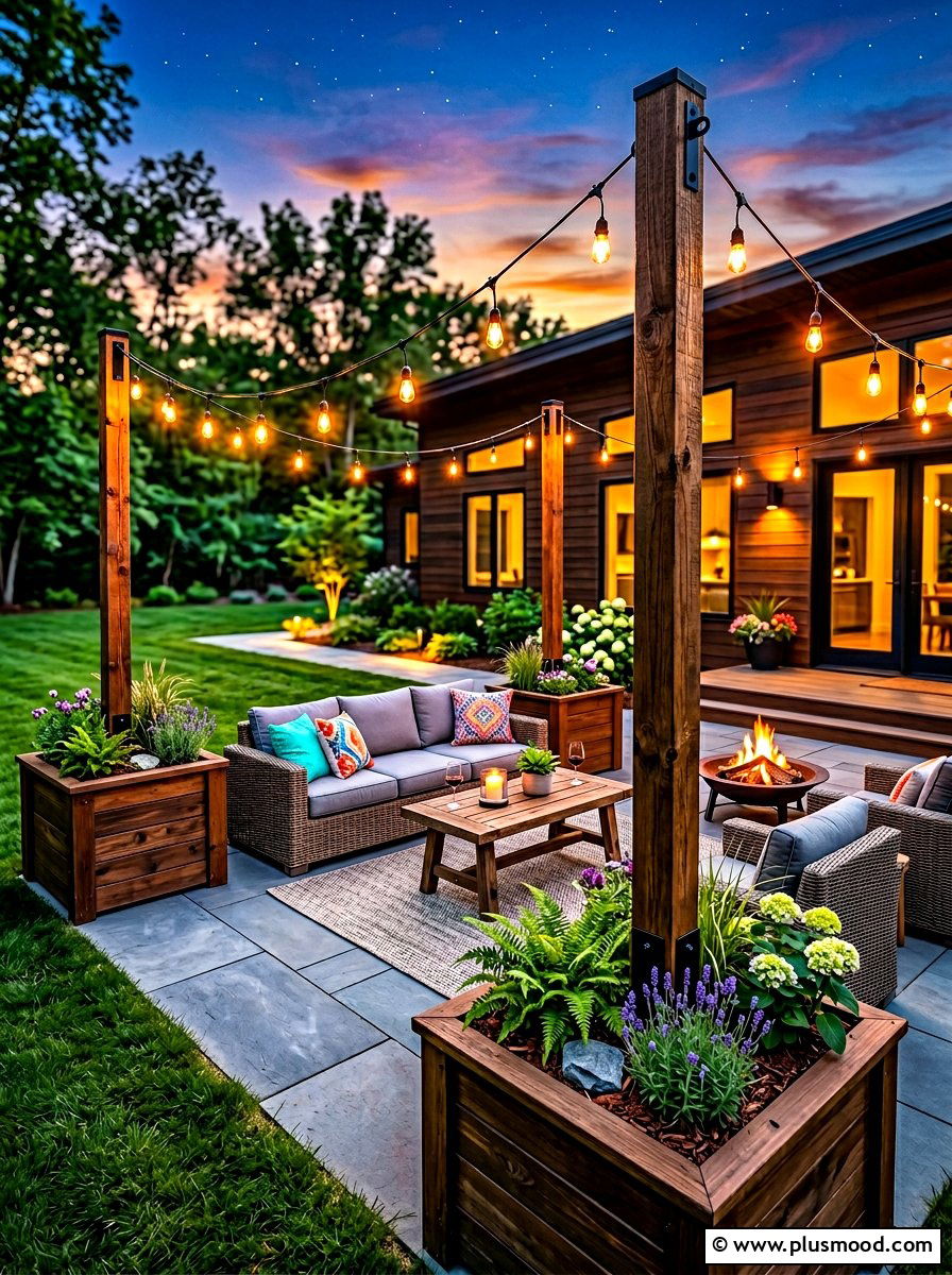Backyard String Light Poles - 25 summer patio ideas on a budget