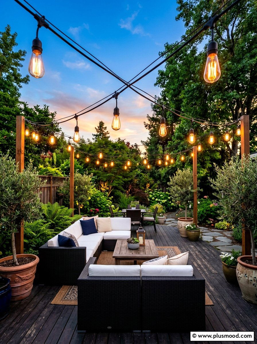 Backyard hanging string lights - 25 simple summer backyard ideas