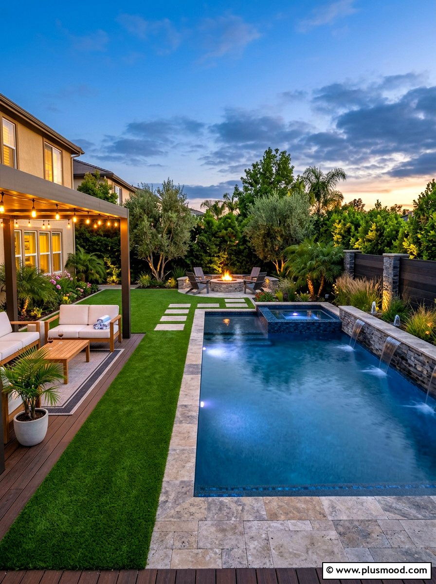 Backyard oasis with pool and turf - 25 pool landscaping ideas with artificial turf