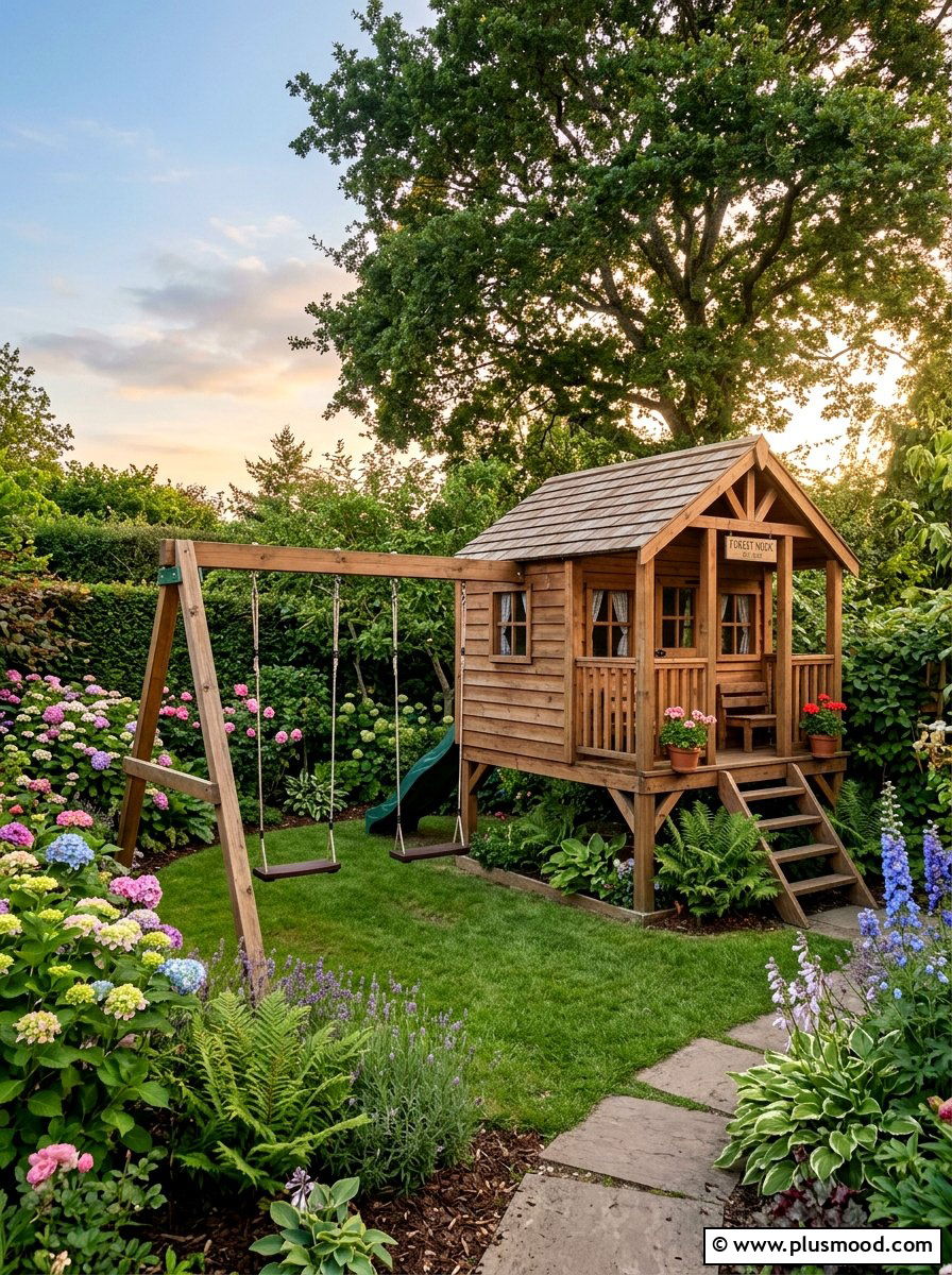Backyard playhouse and swing combo - 25 small backyard ideas with swing set