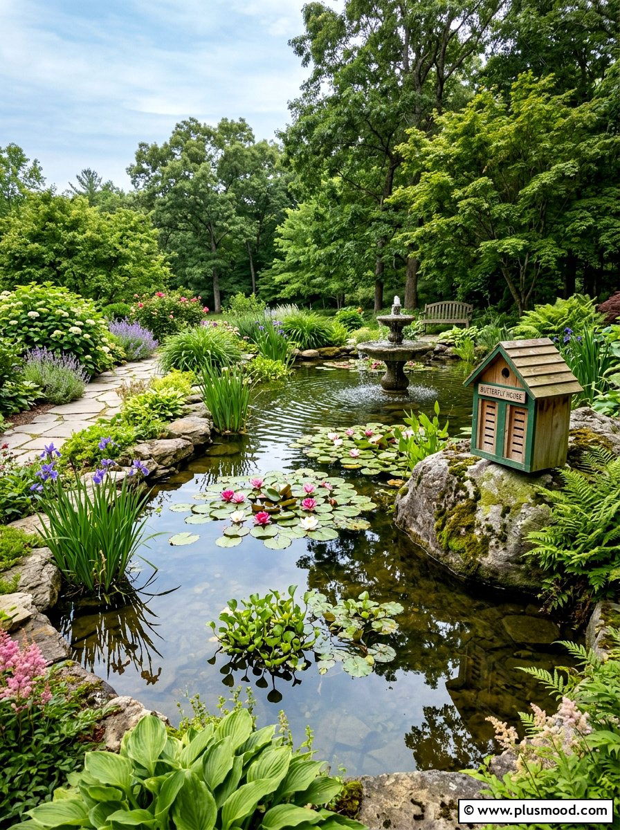 Backyard pond feature - 25 small backyard ideas with butterfly house