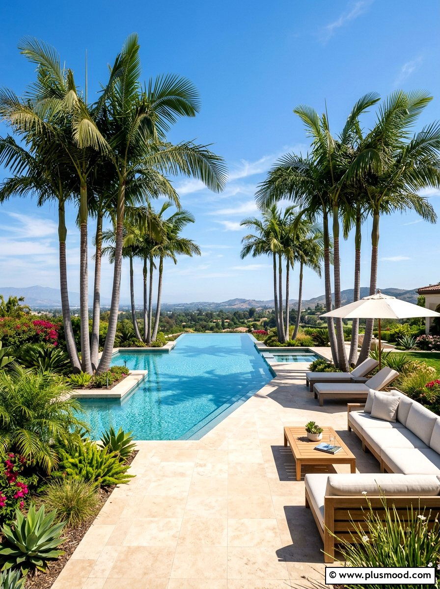 Backyard pool design with queen palms - 25 summer pool landscaping ideas with palms