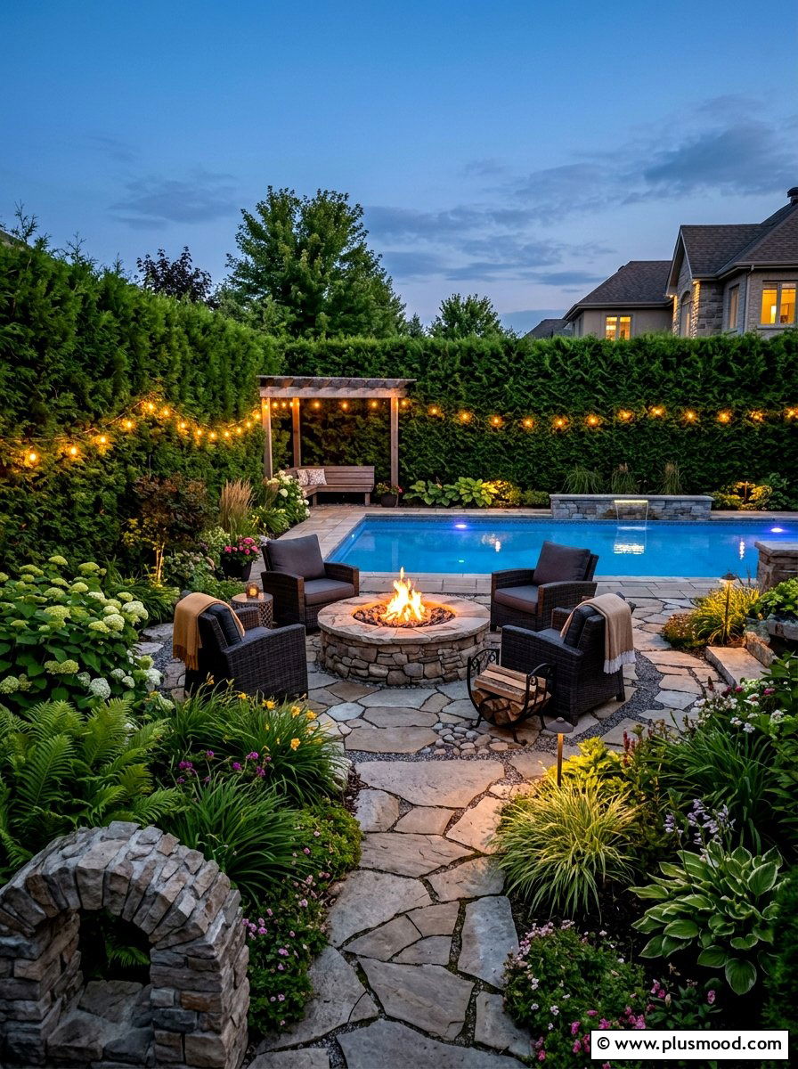 Backyard pool fire pit area - 25 pool landscaping ideas with fire feature