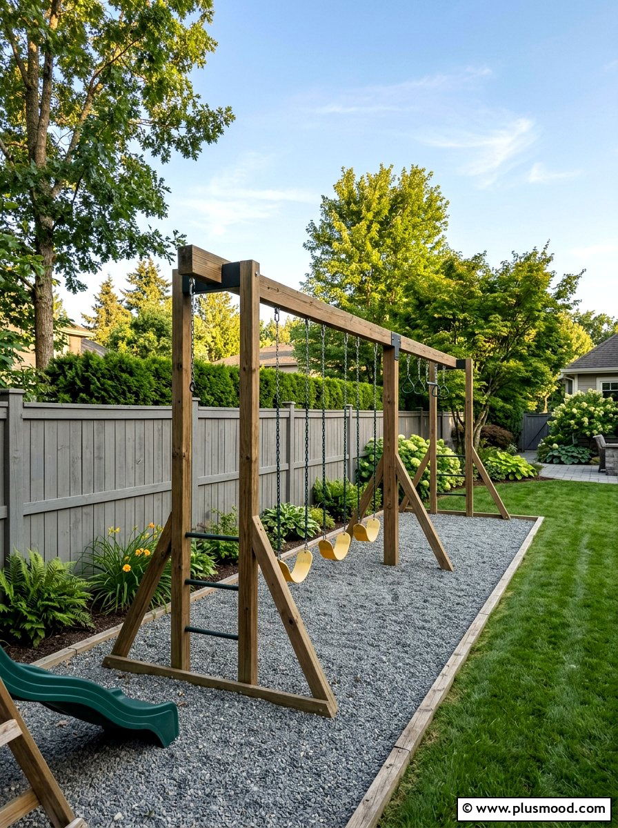Backyard swing set near fence - 25 small backyard ideas with swing set