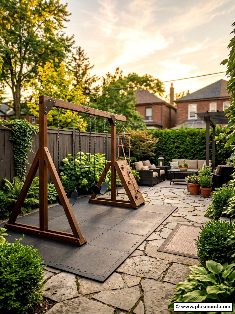 Backyard swing set on patio - 25 small backyard ideas with swing set