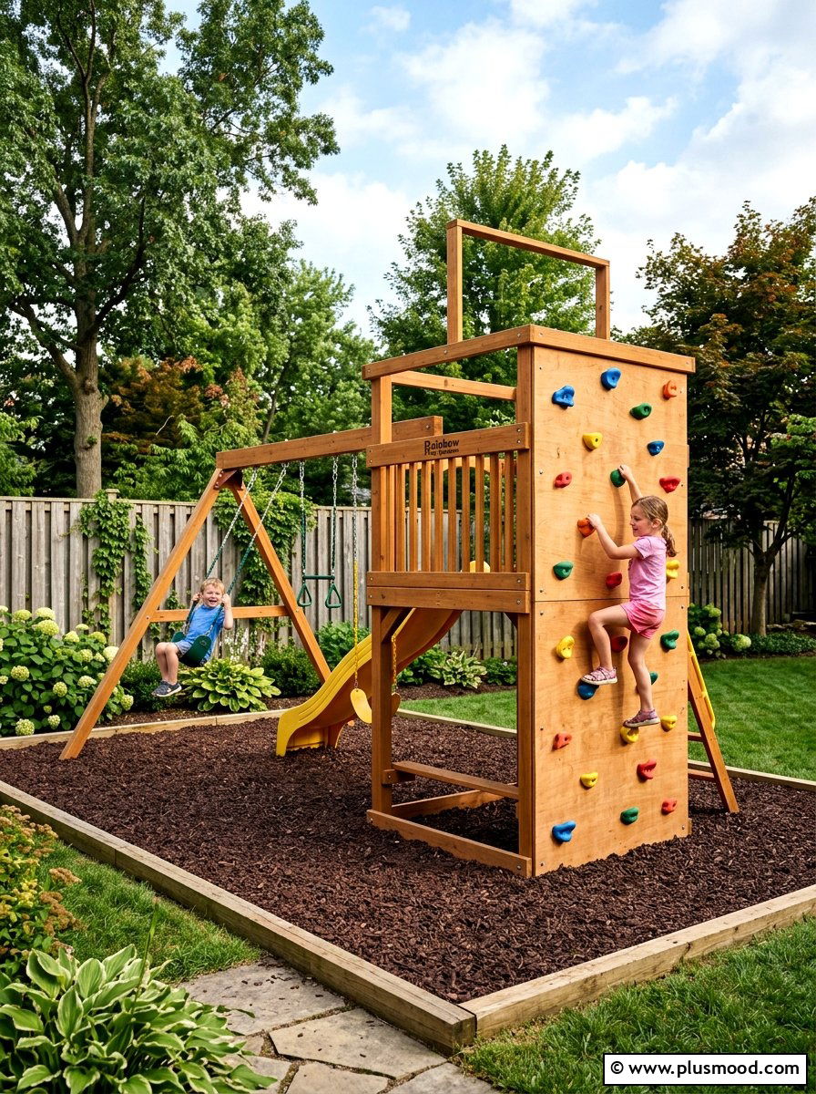 Backyard swing set with climbing wall - 25 small backyard ideas with swing set