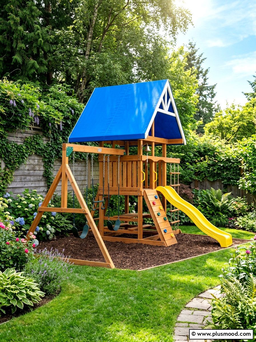 Backyard swing set with shade canopy - 25 small backyard ideas with swing set