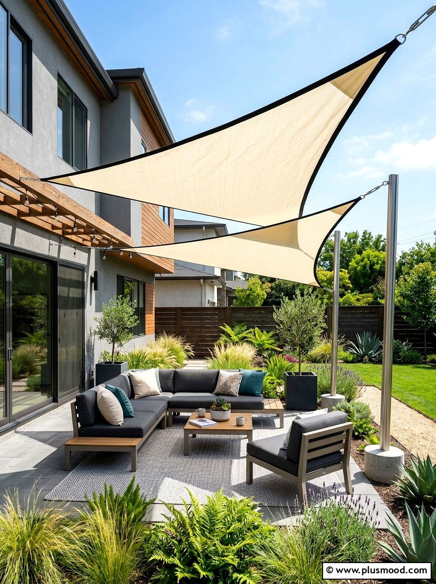 Backyard triangle shade sail - 25 simple summer backyard ideas