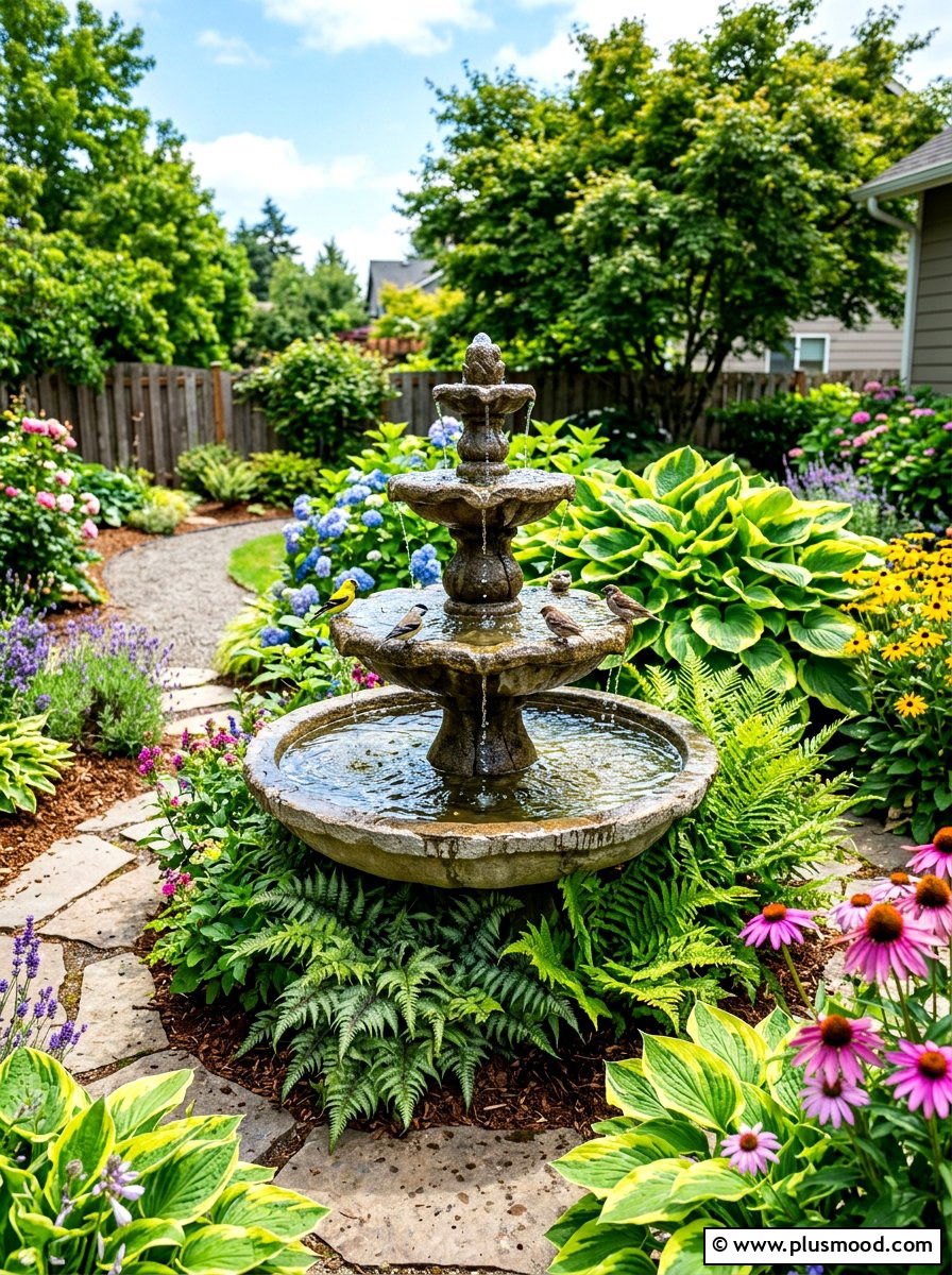 Backyard water feature fountain - 25 cozy summer backyard ideas