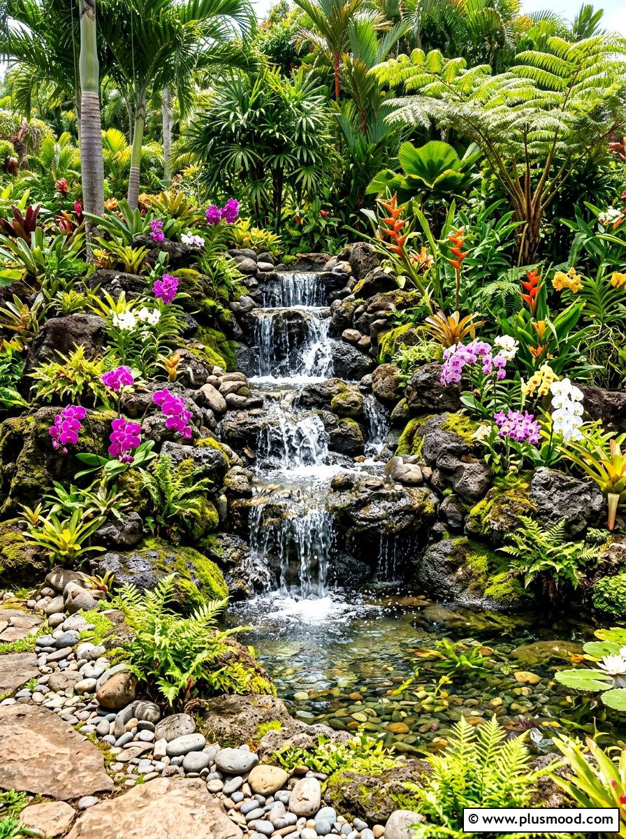 Backyard waterfall feature - 25 summer tropical landscaping ideas
