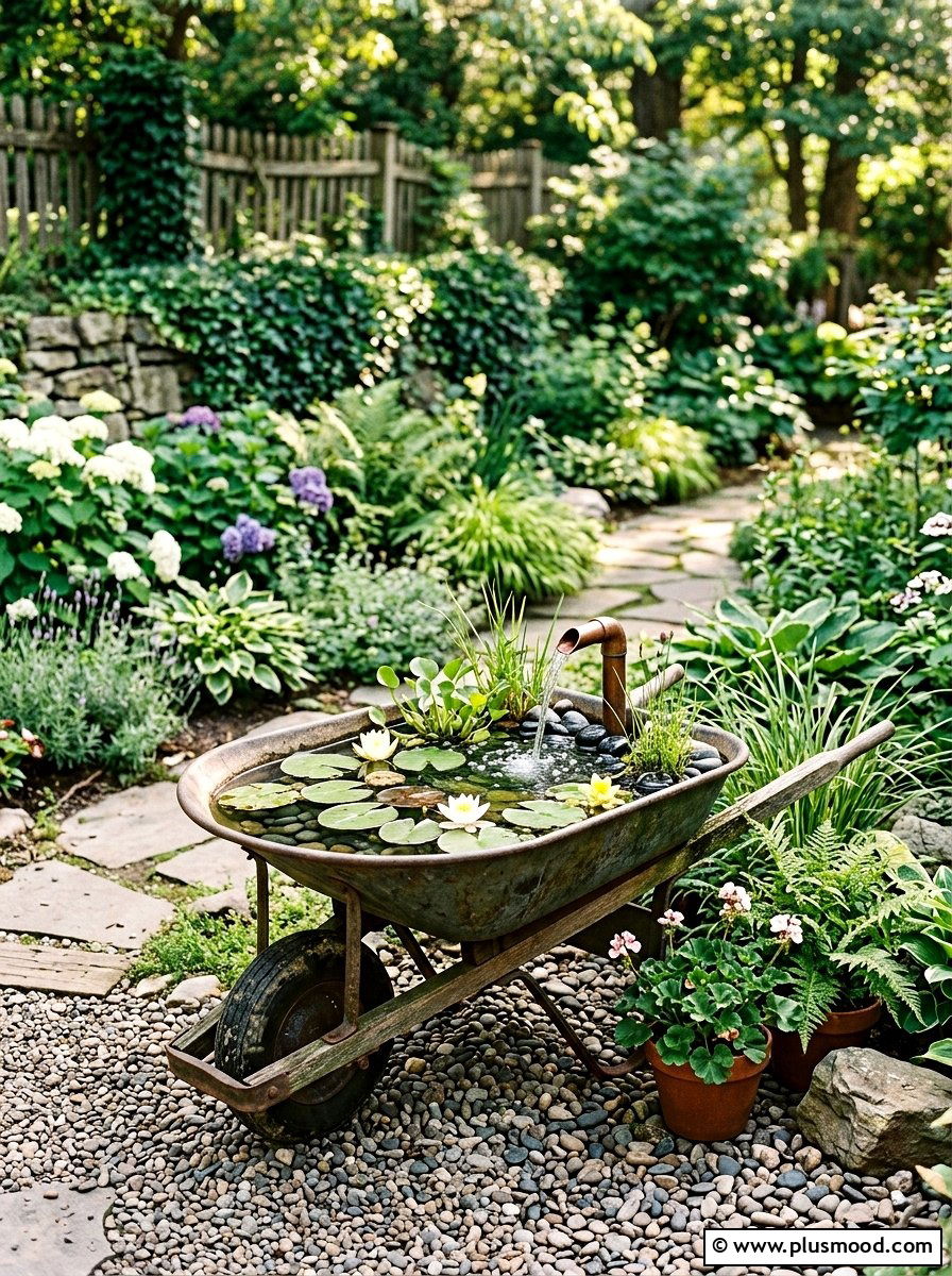 Backyard wheelbarrow water feature - 25 outdoor garden decor ideas with wheelbarrow planter