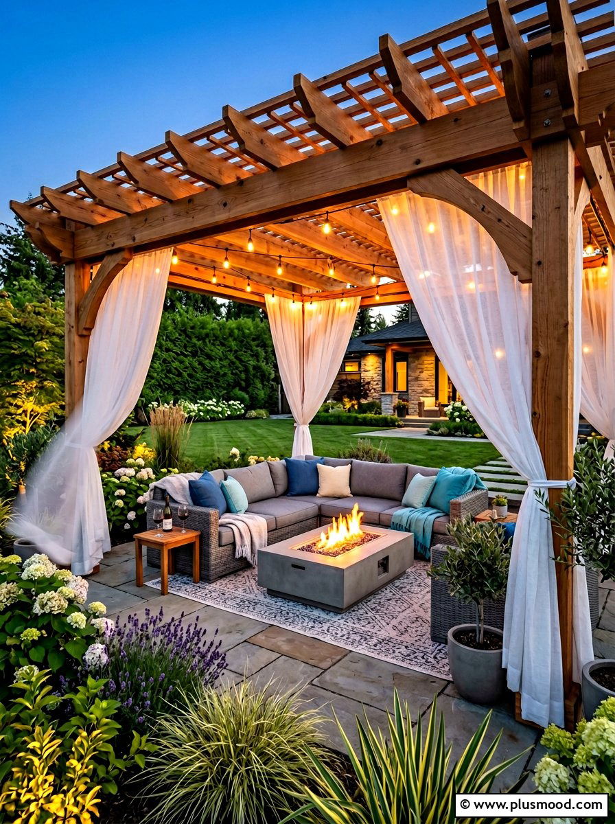 Backyard wooden pergola lounge - 25 simple summer backyard ideas