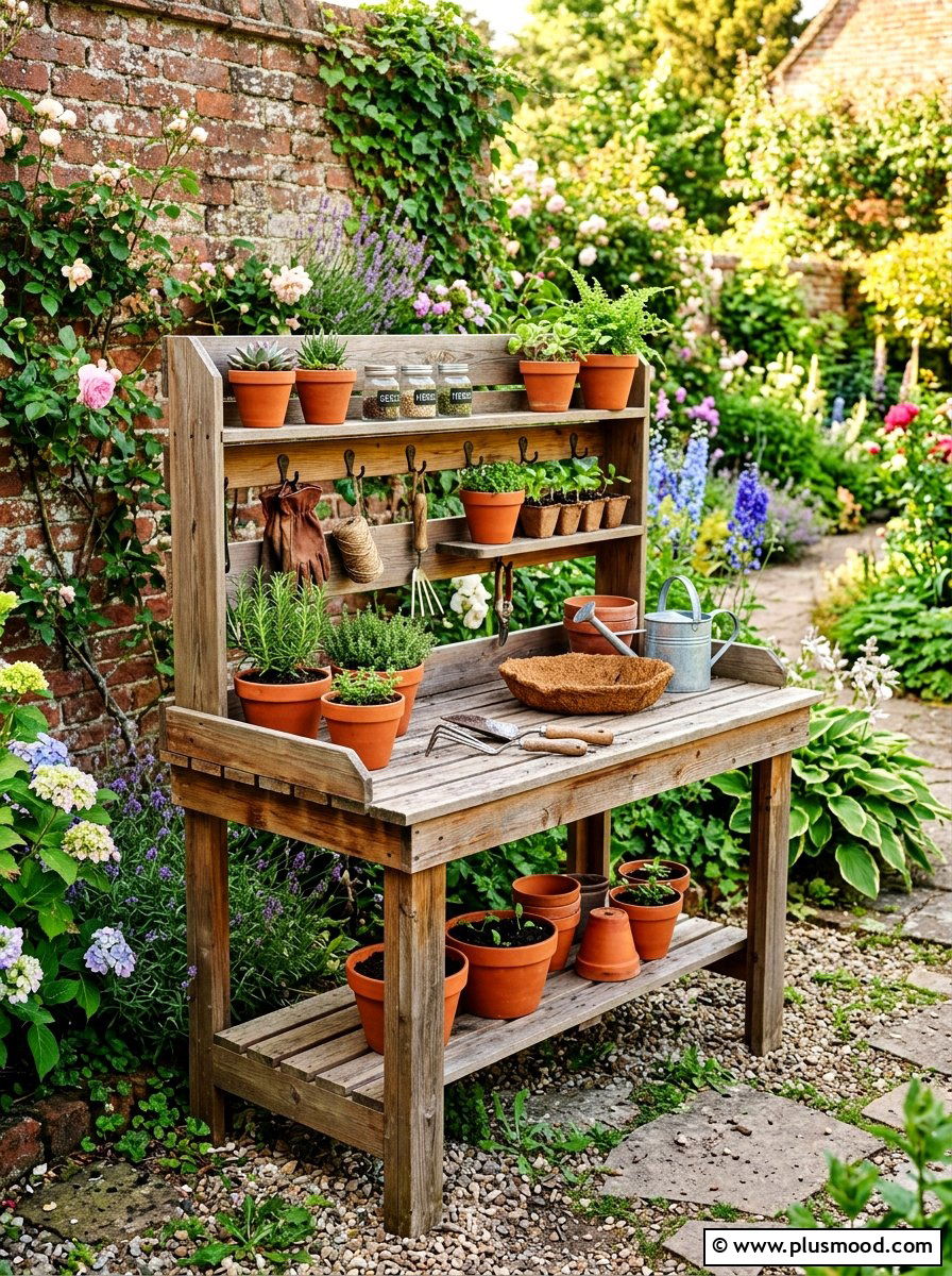 Backyard wooden potting bench - 25 simple summer backyard ideas
