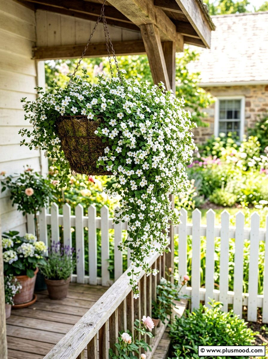 Bacopa white trailing basket - 25 summer front porch decor ideas with hanging baskets