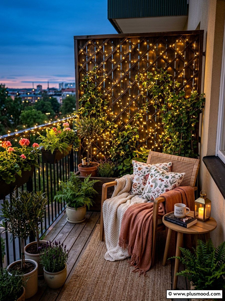 Balcony Fairy Lights - 25 summer cozy balcony ideas