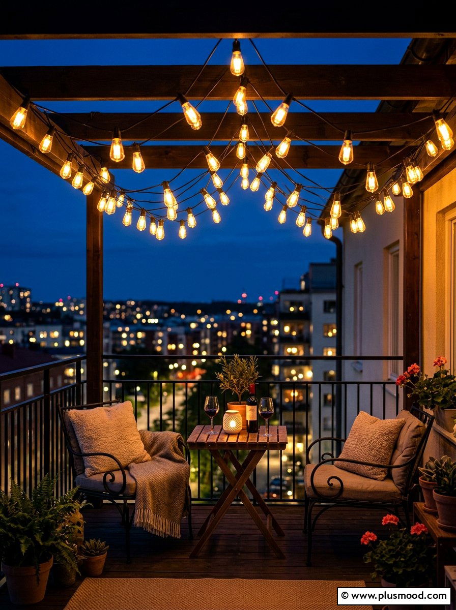 Balcony String Light Canopy - 25 summer apartment patio ideas