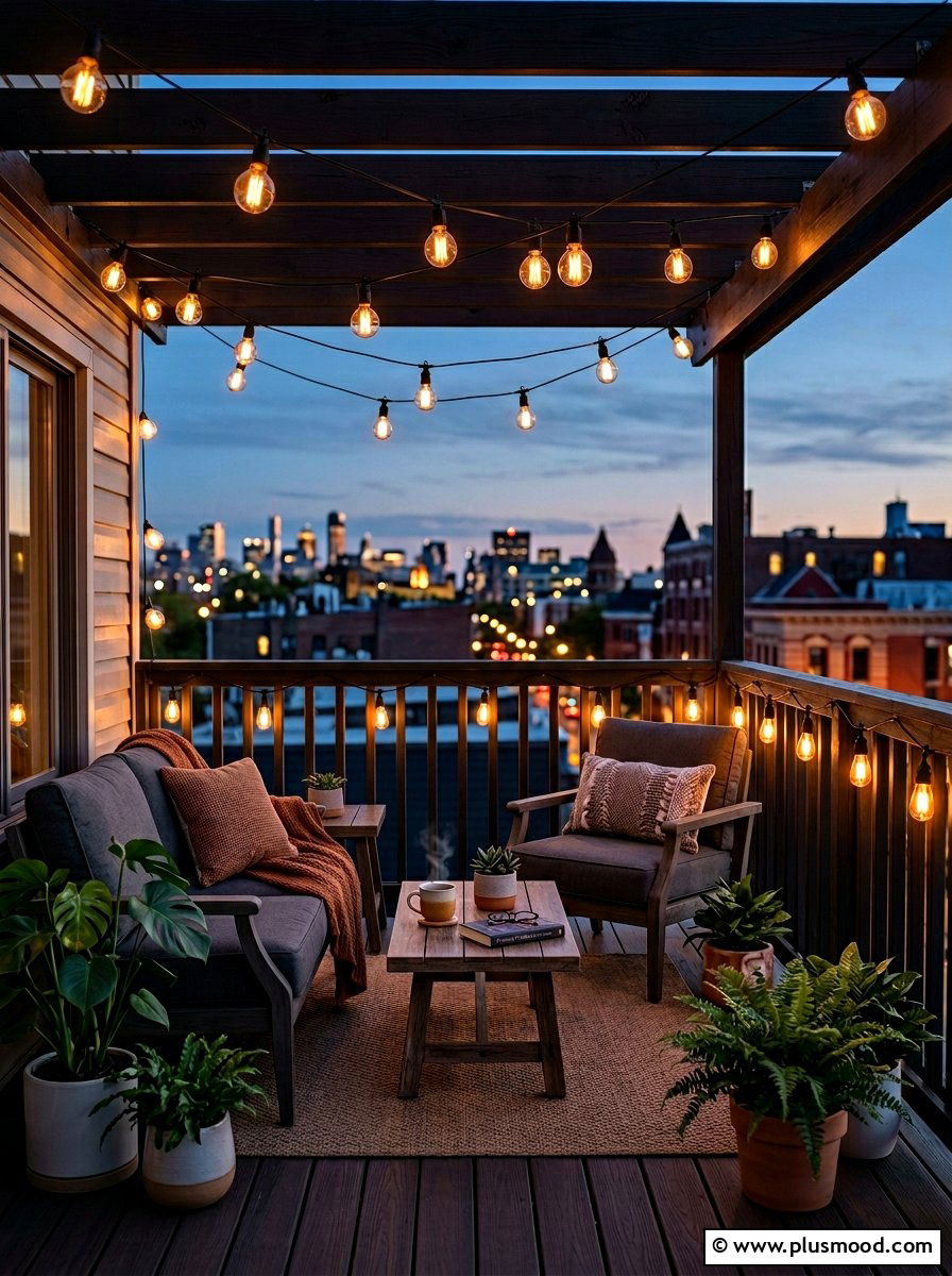 Balcony String Lights - 25 summer balcony entertaining ideas
