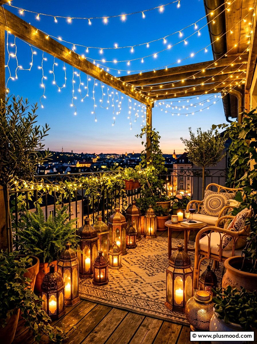 Balcony fairy lights and lanterns - 25 summer boho balcony ideas