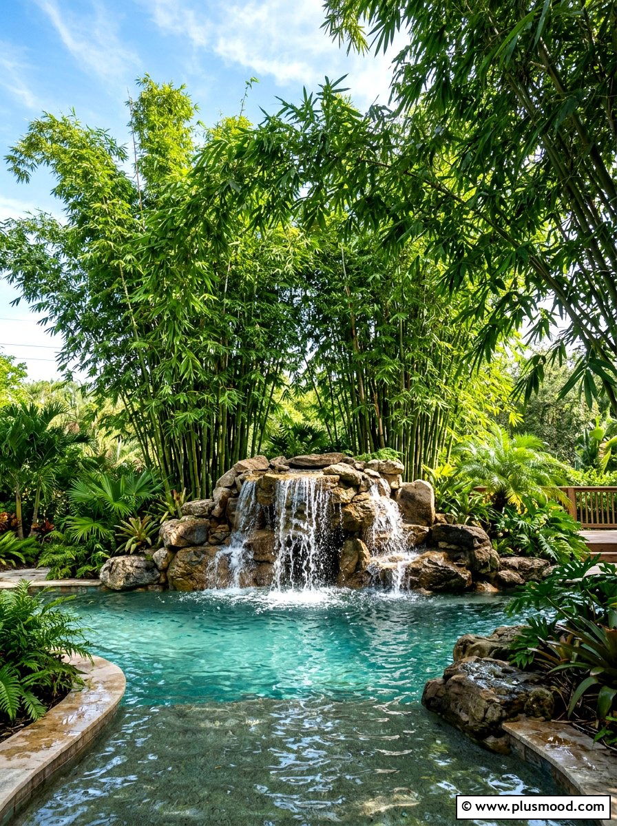 Bamboo Accent Behind Pool Waterfall - 25 pool landscaping ideas with bamboo
