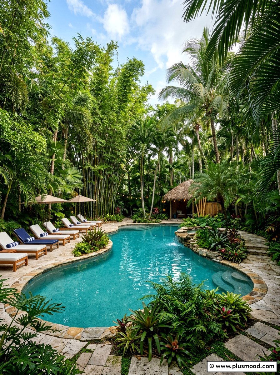 Bamboo And Palm Pool Mix - 25 pool landscaping ideas with bamboo
