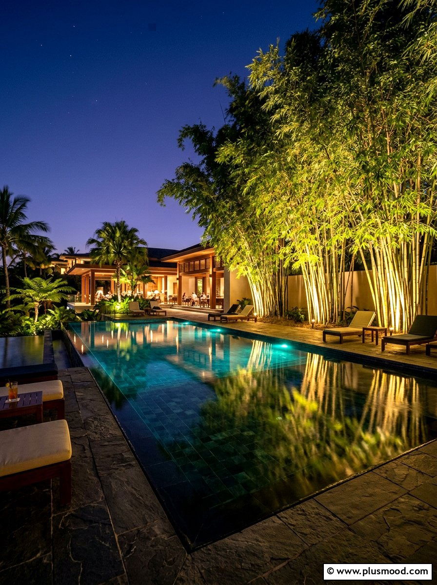 Bamboo Backlit With Pool Lights - 25 pool landscaping ideas with bamboo