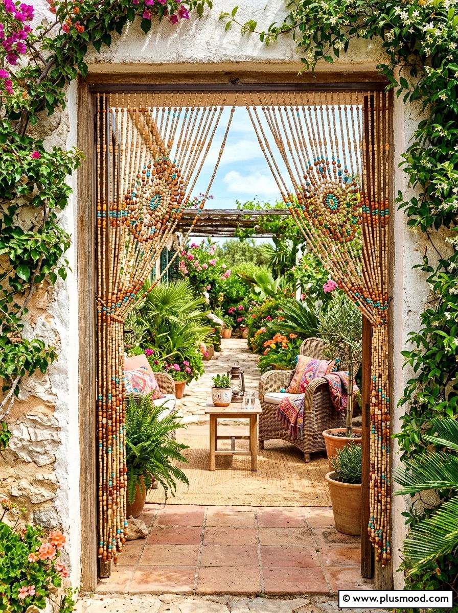 Bamboo Beaded Door Curtains - 25 summer boho patio ideas