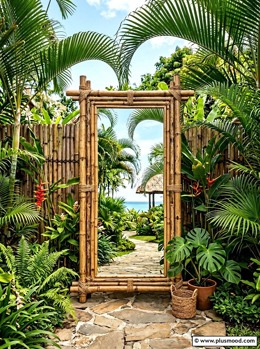Bamboo Framed Mirror For Tropical Style - 25 small backyard ideas with mirror