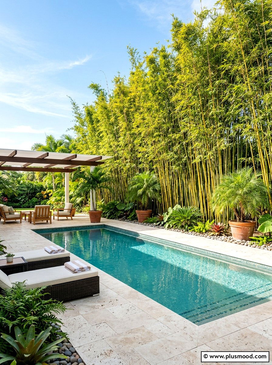 Bamboo Screen Shaded Pool Fence - 25 pool landscaping ideas for shaded backyards