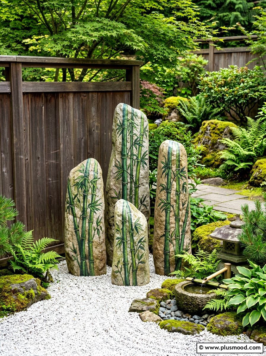 Bamboo Stalk Painting - 25 painted rock ideas for zen garden