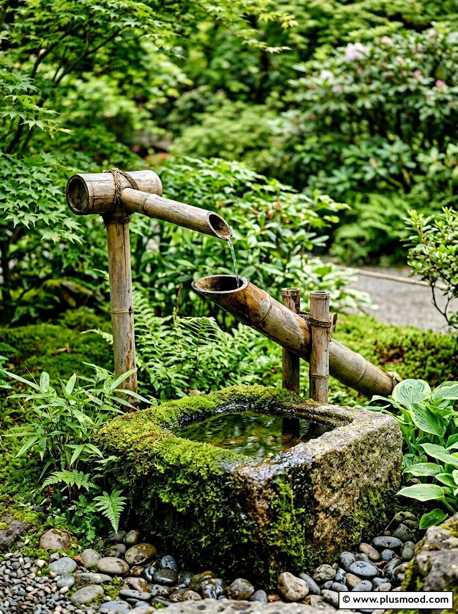 Bamboo Water Spout - 25 small backyard ideas with zen garden