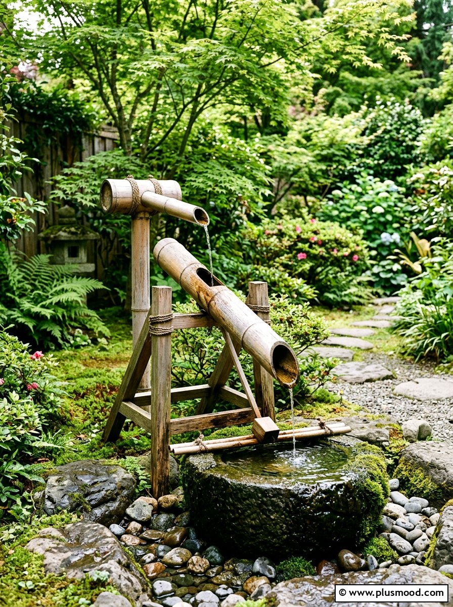 Bamboo Water Spout Feature - 25 pool landscaping ideas with Japanese style