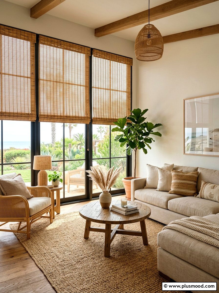 Bamboo Window Blinds - 25 coastal summer living room ideas