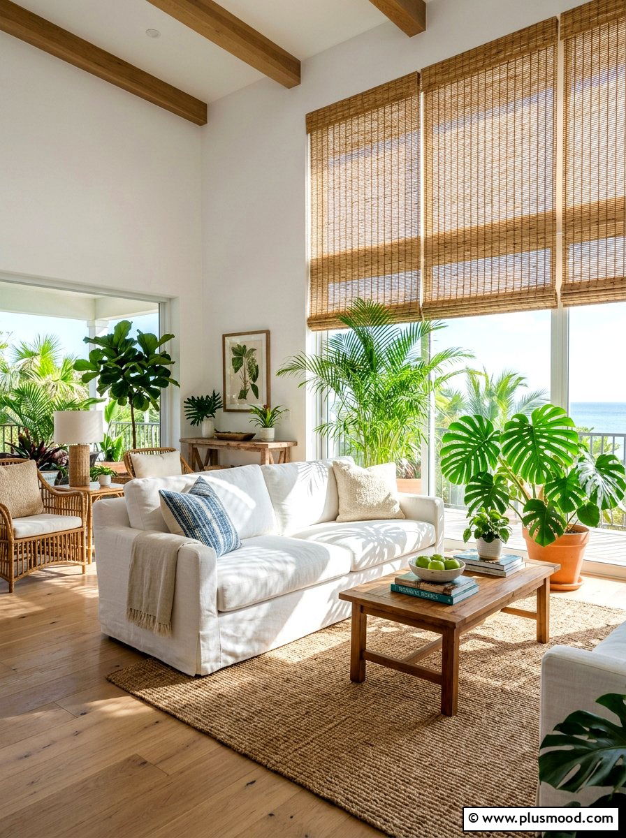 Bamboo Window Blinds - 25 summer tropical living room ideas
