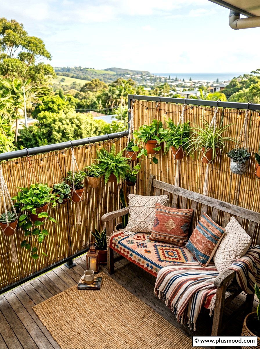 Bamboo balcony fence roll - 25 summer boho balcony ideas