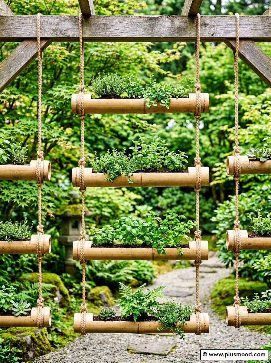Bamboo hanging garden pipes - 25 small backyard ideas with hanging plants
