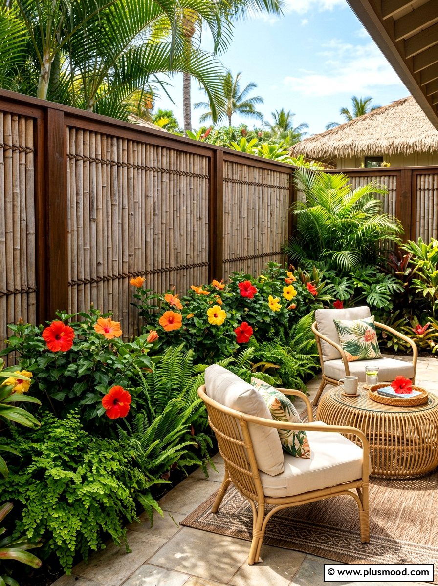 Bamboo privacy fence - 25 small backyard ideas for tropical theme