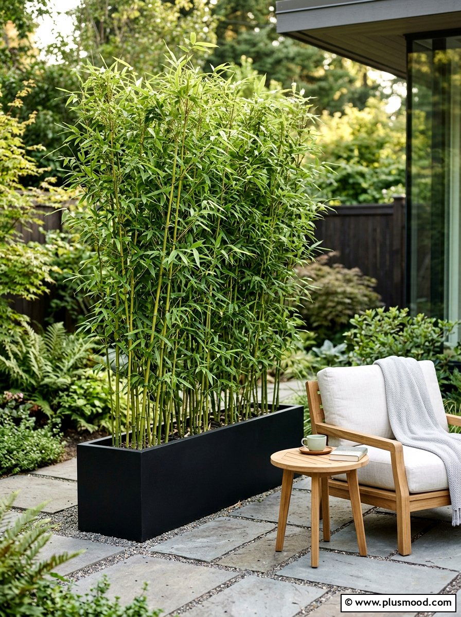 Bamboo privacy screen planter - 25 small backyard ideas with container garden