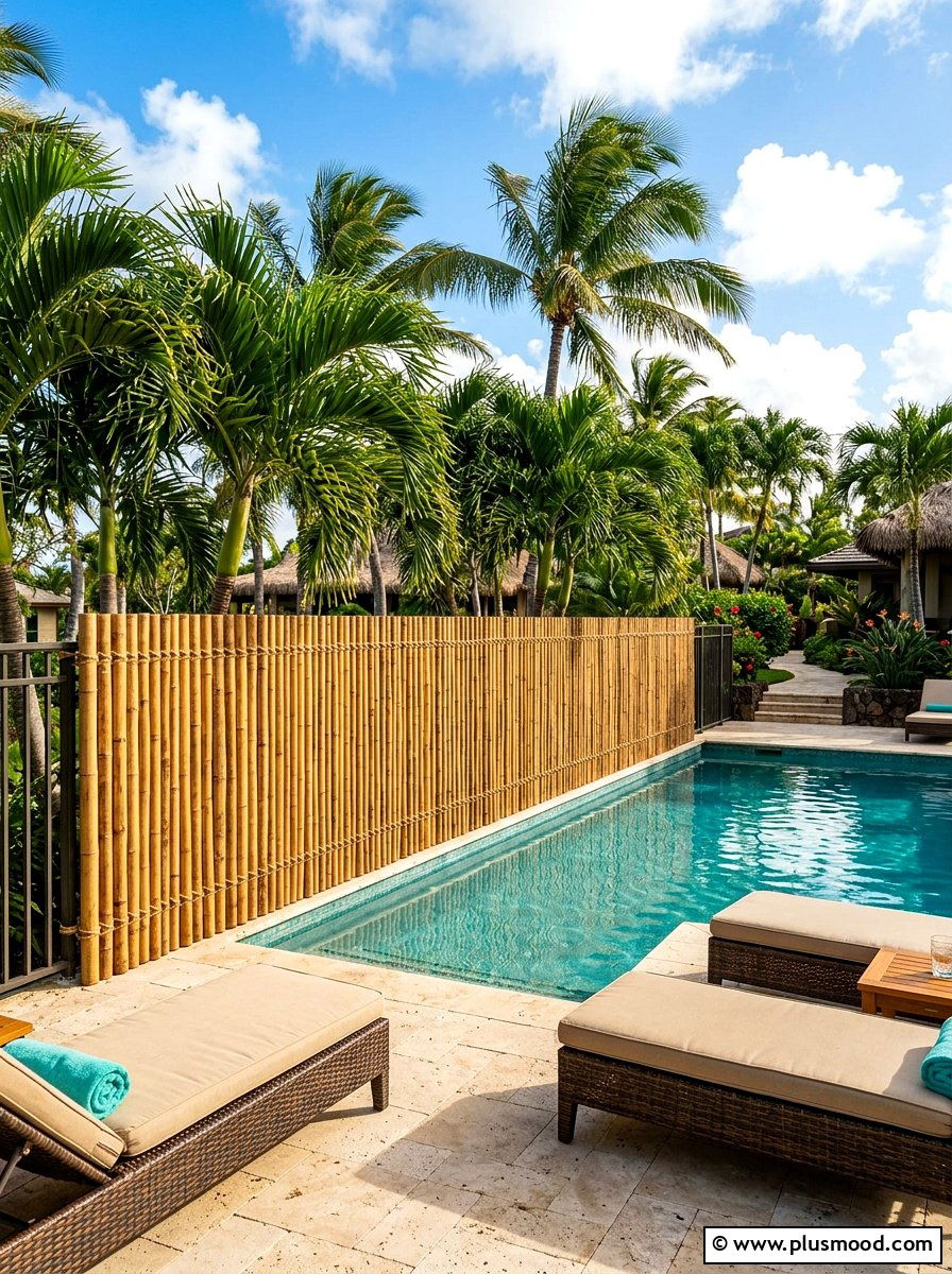 Bamboo roll privacy screen for pool - 25 summer pool fence decor ideas