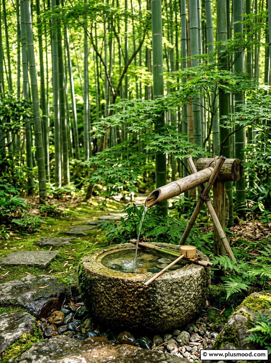 Bamboo water spout - 25 small backyard ideas with water feature