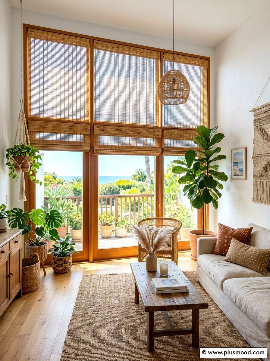 Bamboo window blinds - 25 boho summer living room ideas