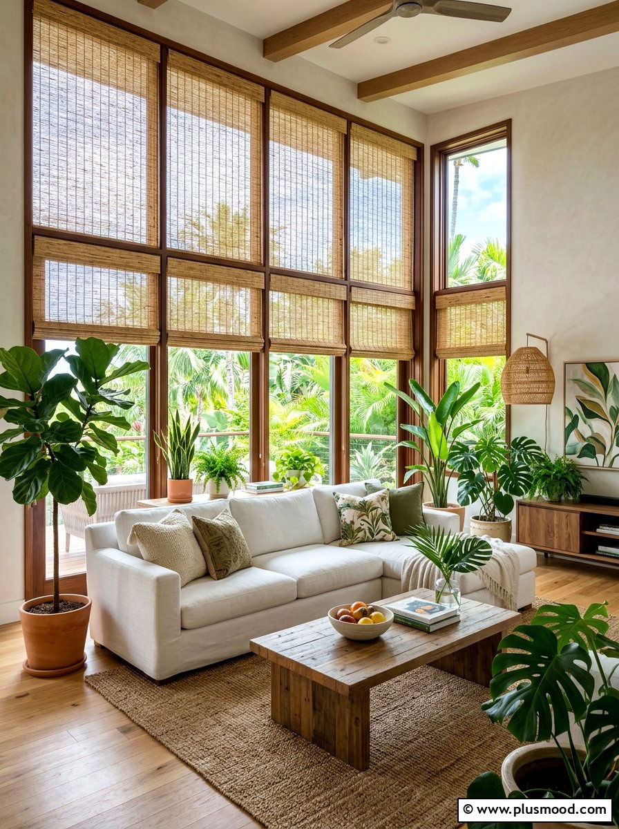 Bamboo window shades - 25 summer living room styling ideas