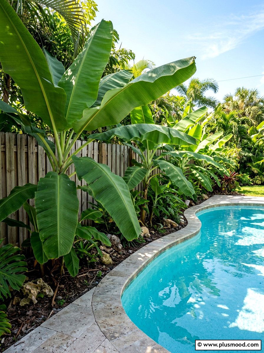 Banana Leaf Plant Pool Border - 25 pool landscaping ideas with tropical theme