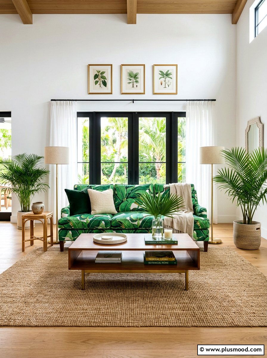 Banana Leaf Print Sofa - 25 summer tropical living room ideas
