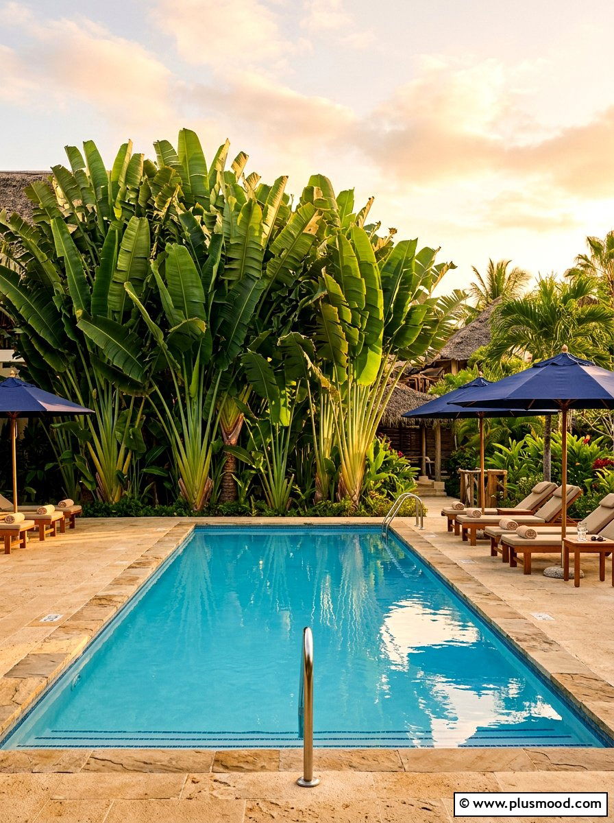 Banana leaf pool backdrop - 25 pool landscaping ideas with tropical plants