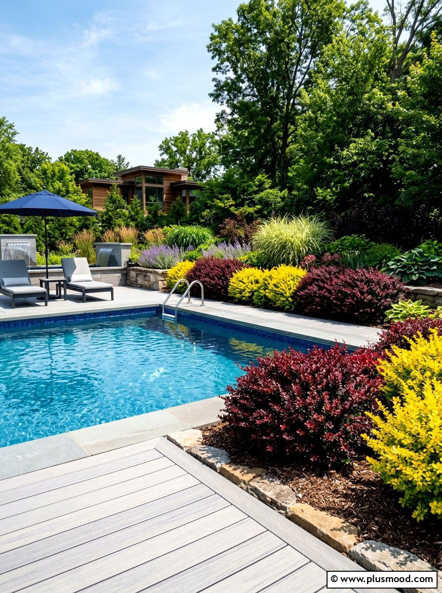 Barberry colorful shrubbery - 25 pool landscaping ideas with shrubs