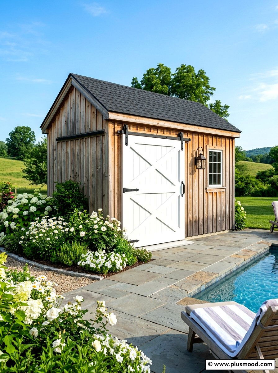 Barn Door Pool Shed - 25 summer farmhouse pool area ideas