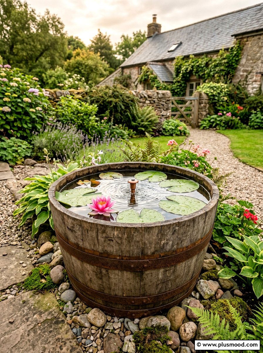 Barrel Water Feature - 25 small backyard ideas farmhouse style
