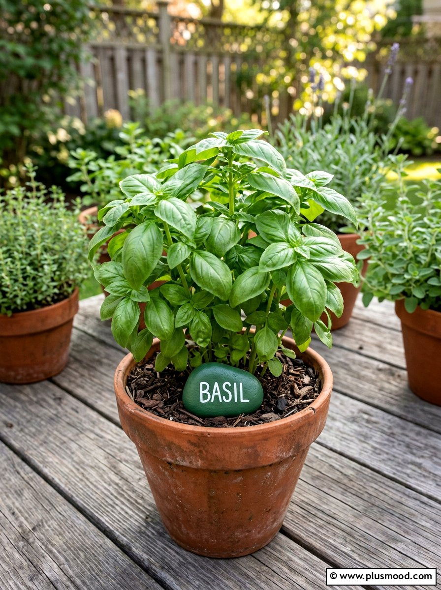 Basil Herb Stone - 25 painted rock ideas for plant markers