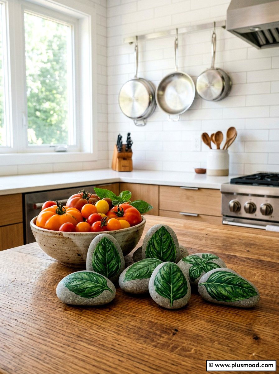 Basil leaf rock - 25 painted rock ideas with leaf impressions